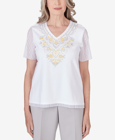 Alfred Dunner Petite Charleston Embroidered Cut Out Sleeve Top In White