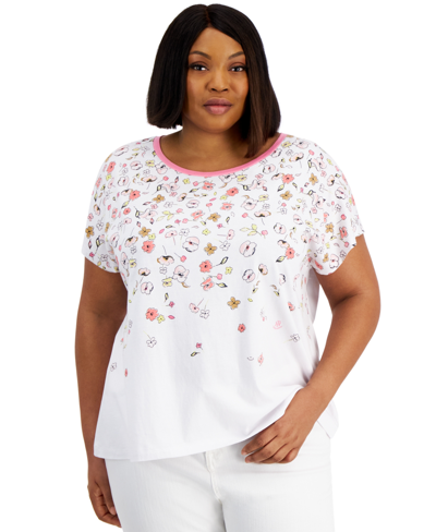 Tommy Hilfiger Plus Size Ditsy Doodle Printed Crewneck Top In Bright White Multi