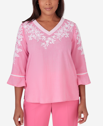 Alfred Dunner Women's Paradise Island V-neck Embroidered Top In Peony