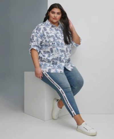 Karl Lagerfeld Plus Size Whimsical Woven Shirt Logo Tape Slim Leg Jeans In White,marine Multi