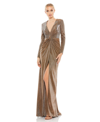 Mac Duggal Sparkle Twist Front Long Sleeve Gown In Bronze