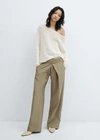 Mango Wideleg Trousers With Turn-up Waist Forest Green In Forest Green