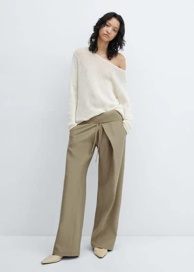 Mango Wideleg Trousers With Turn-up Waist Forest Green