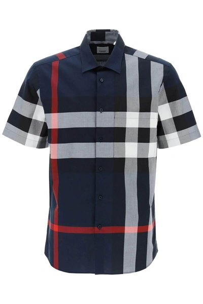 Burberry Check Motif Cotton Shirt In Navy