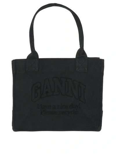 Ganni Large Easy Recycled Cotton Tote Bag In Beige