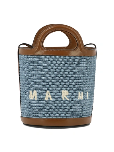 Marni Brown Leather And Blue Raffia Tropicalia Handle Bag In Zo Opal Moca