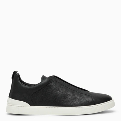 Zegna Navy Blue Leather Triple Stitch Trainers Men In Black