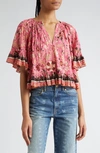 Ulla Johnson Alessia Pleated Ruffle Printed Split-neck Top In Hollyhock