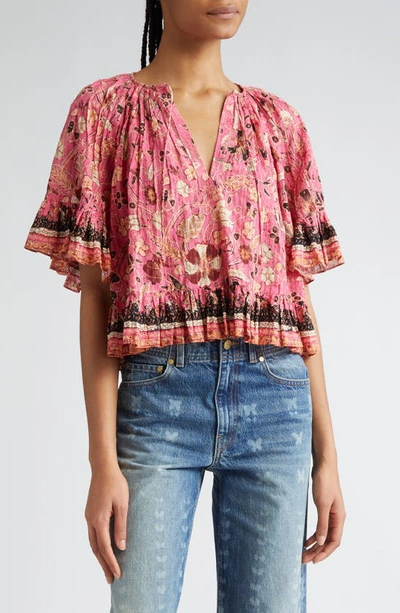 Ulla Johnson Alessia Pleated Ruffle Printed Split-neck Top In Hollyhock