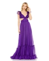 Mac Duggal Ruched Ruffled Shoulder Cut Out Lace Up Gown In Purple