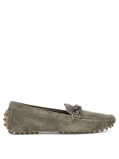 Brunello Cucinelli Buckle Loafers With Studded Sole And Suede Upper In Mud