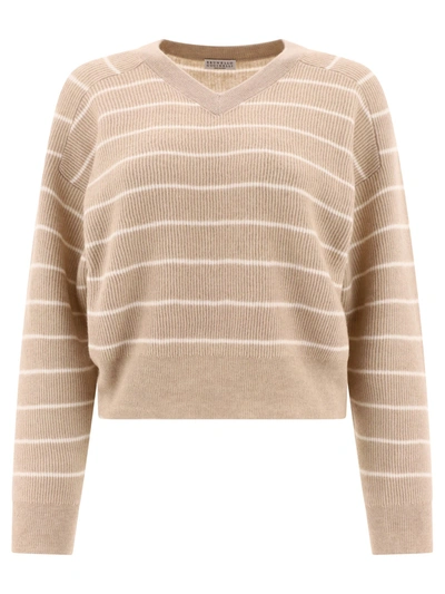 Brunello Cucinelli Striped English Rib Sweater With Monili In Beige