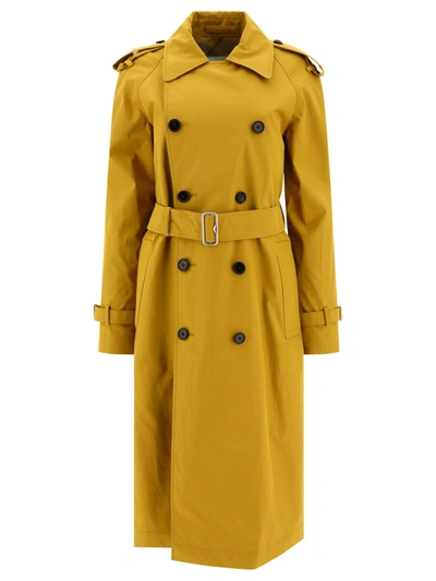 Burberry Long Gabardine Double Breasted Belted Trench Coat In Manilla