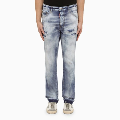 Dsquared2 Navy Blue Washed Jeans With Denim Wear In Light Blue