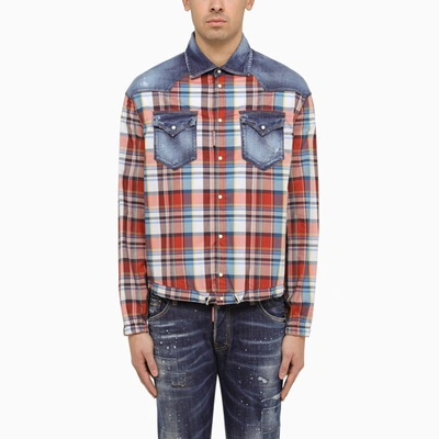 Dsquared2 Plaid Western Shirt With Denim Inserts In Red,white,blue