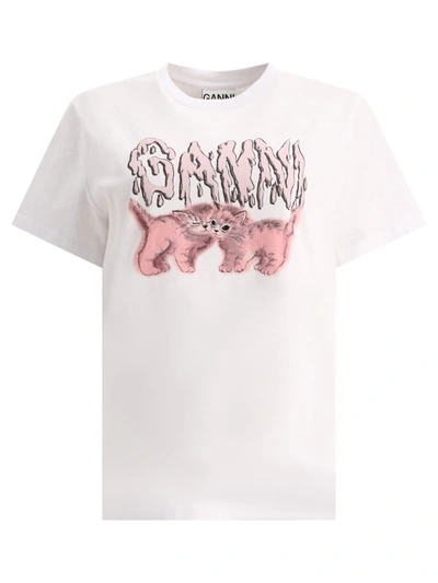 Ganni Cats Cotton T-shirt In Bright White