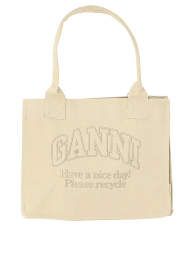 Ganni Large Easy Recycled Cotton Tote Bag In Beige