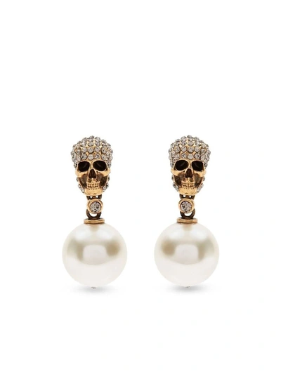 Alexander Mcqueen Golden Skull Earrings In A Swarovski In The Shape Of A White Pearl