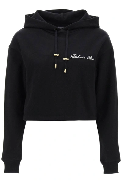 Balmain Cropped Hoodie With Logo Embroidery In Black