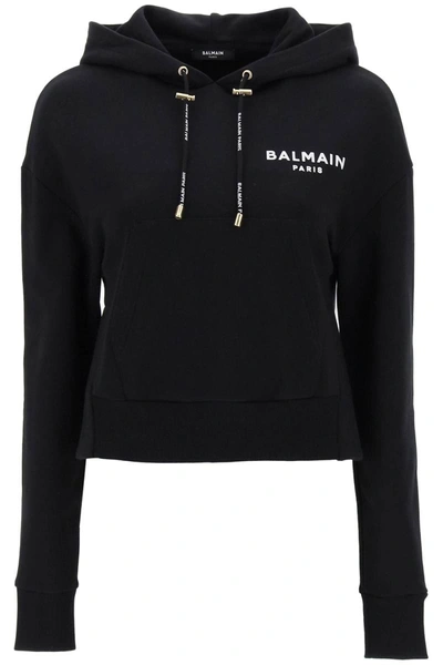 BALMAIN BALMAIN CROPPED SWEATSHIRT WITH FLOCKED LOGO PRINT