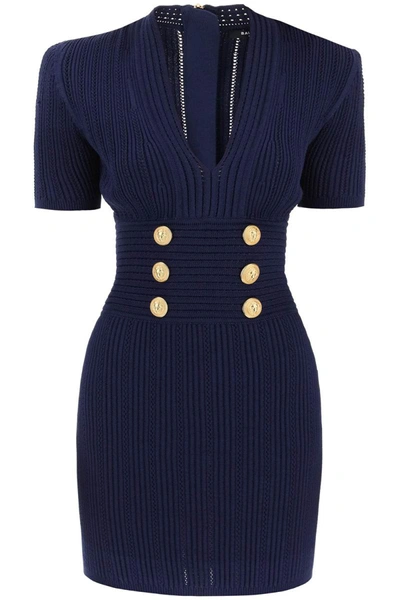 Balmain Knit Minidress With Embossed Buttons Women In Marine (blue)