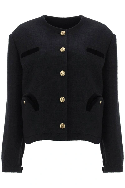 Blazé Milano Missy Collarless Cotton-blend Tweed Jacket In Black