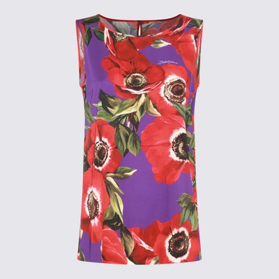 Dolce & Gabbana Charmeuse Tank Top With Anemone Print In Red