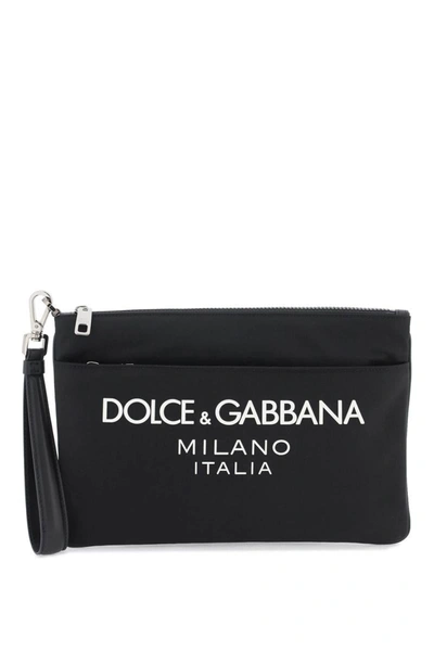 Dolce & Gabbana Nylon Pouch With Rubberized Logo In Black