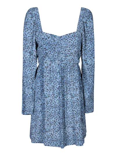 Ganni Long Sleeve Printed Crepe Mini Dress In Blue