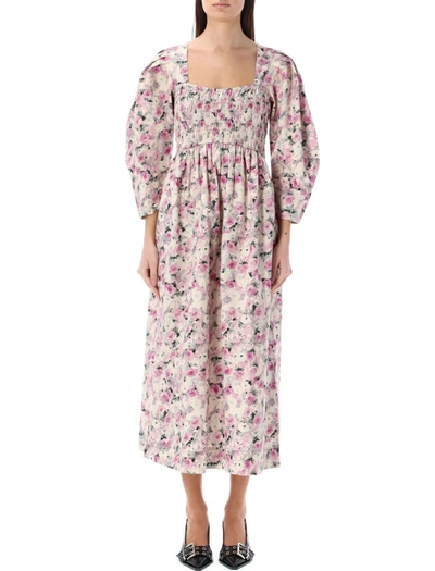 Ganni Printed Smock Midi Dress In Flower