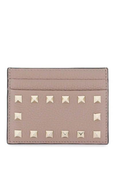 Valentino Garavani Rockstud Leather Card Holder In Neutro