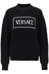 Versace Crew-neck Sweater With Logo Inlay In Black