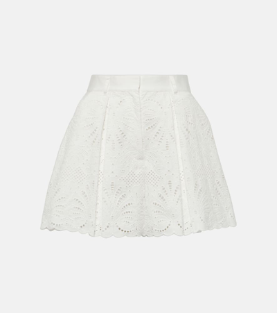 Self-portrait High-rise Embroidered Cotton Shorts In White