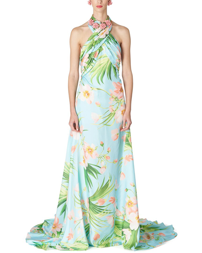Carolina Herrera Gathered Floral-print Halter Gown In Aquamarine Multi