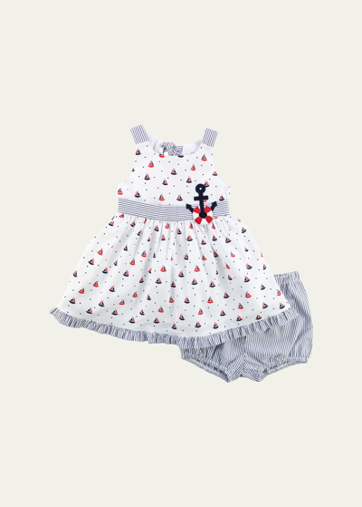 Florence Eiseman Kids' Girl's Sailboat-print Seersucker Anchor Dress With Bloomers In Wht/nvy/red