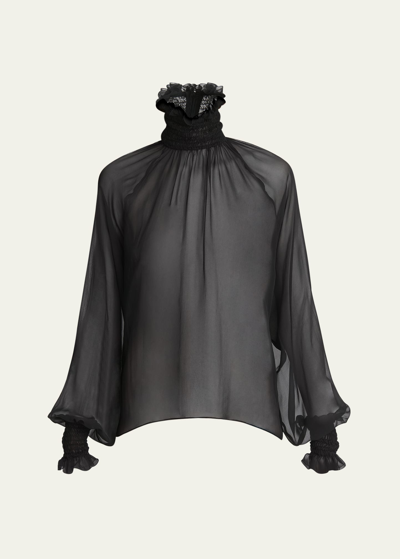 Dolce & Gabbana Sheer Chiffon Smocked Blouse In Black