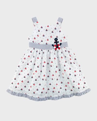 Florence Eiseman Kids' Girl's Sailboat Print Seersucker Dress With Anchor In Wht/nvy/red