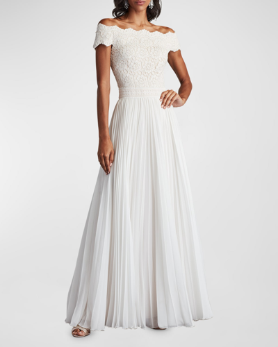 Tadashi Shoji Off-shoulder Floral Lace & Pleated Chiffon Gown In Ivorypetal