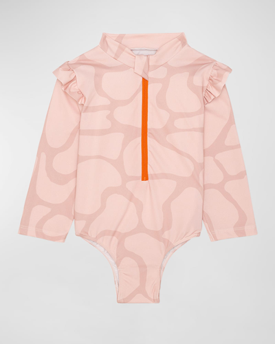 Mon Coeur Kids' Girl's Giraffe One-piece Rashguard Swimsuit In Misty Rose
