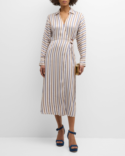 Veronica Beard Noor Striped Satin-twill Midi Wrap Dress In Naturfarben