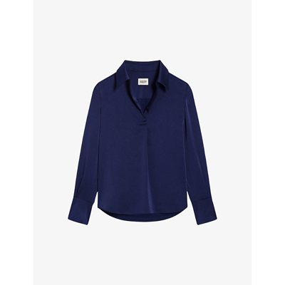 Claudie Pierlot Womens Bleus Collar V-neck Satin Shirt In Bleus