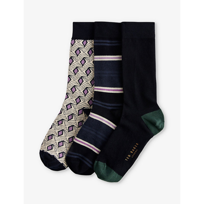 Ted Baker Mens Assorted Purpak Striped Pack Of Three Stretch-woven Socks