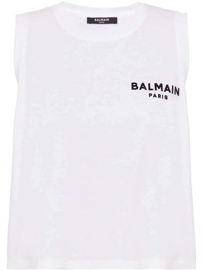 Balmain Logo-print Cotton Top In Gab Blanc/noir