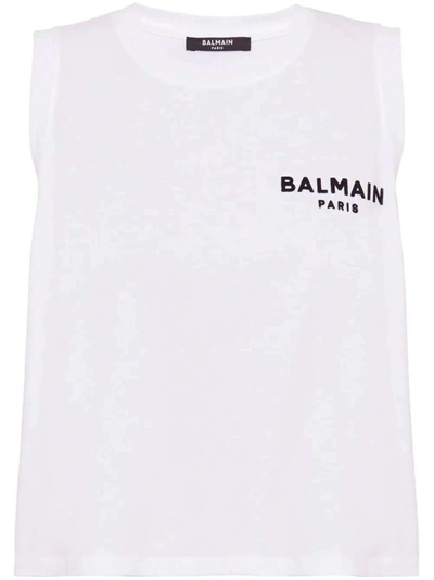 Balmain White Logo-flocked Cotton Top