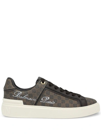 Balmain B-court Monogram Leather Sneakers In Grey