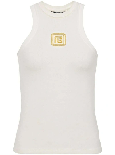 Balmain White Logo-embroidered Tank Top