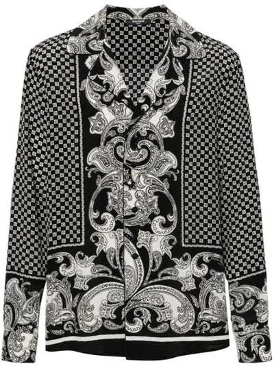 Balmain Black/white Monogram-print Shirt In Grey