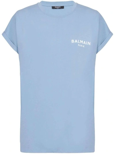 Balmain Sky Blue Logo Print Crew Neck  T-shirt
