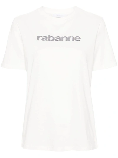 Rabanne Sequined-logo Cotton T-shirt In White