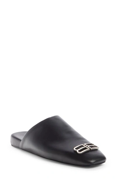 Balenciaga Cosy Bb-plaque Leather Backless Loafers In Black / Silv Vin Sat